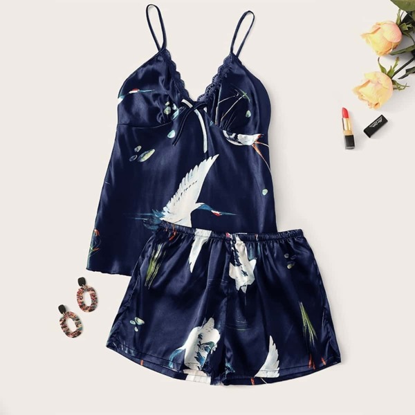

Plus Crane Print Lace Trim Satin Pajama Set