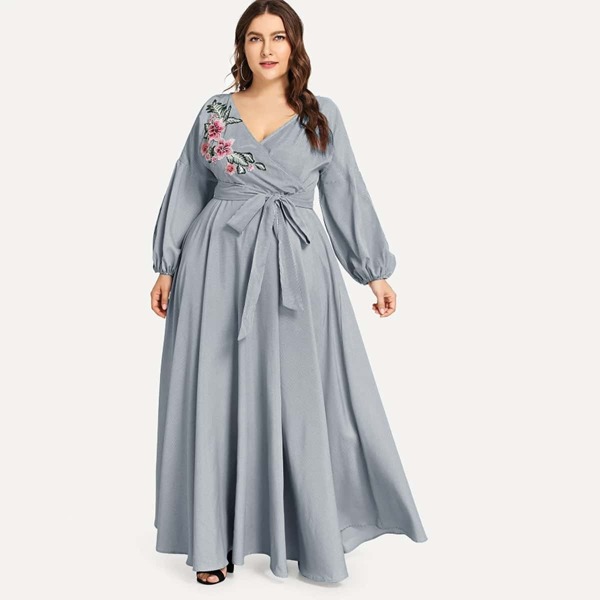 

Plus Surplice Neck Appliques Detail Belted Flare Dress, Blue