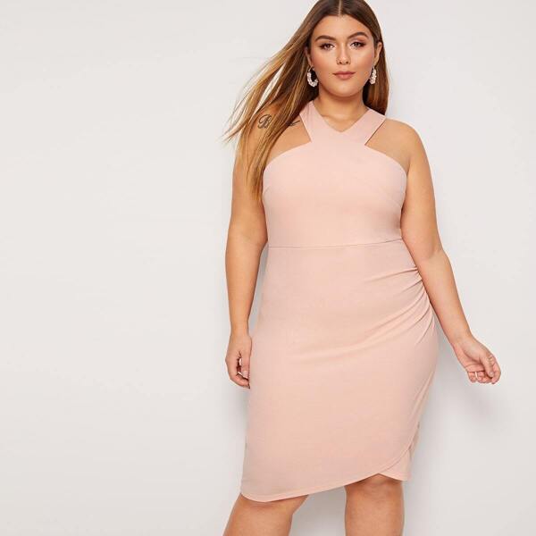 

Plus Solid Wrap Hem Bodycon Halter Dress, Pink pastel