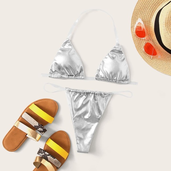 

Metallic Halter Top With Thong Bikini Set