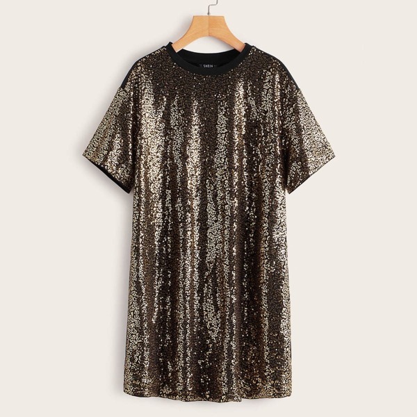

Short Sleeve Sequin Panel Front Dress