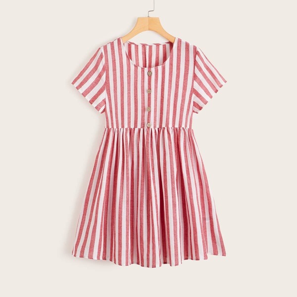 

Striped Button Front Smock Dress, Red