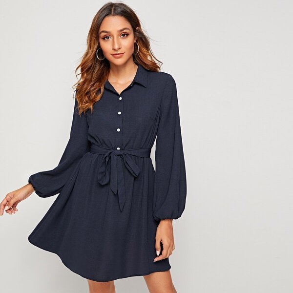 

Lantern Sleeve Belted Shirt Dress, Navy