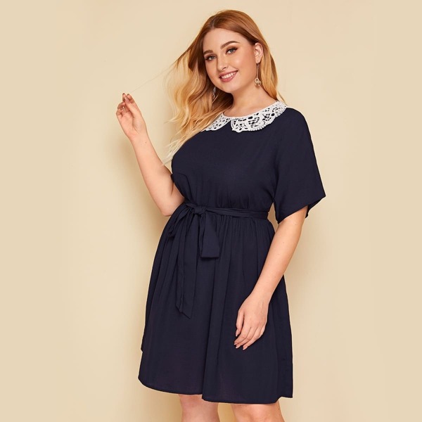 

Plus Guipure Lace Collar Self Belted Dress