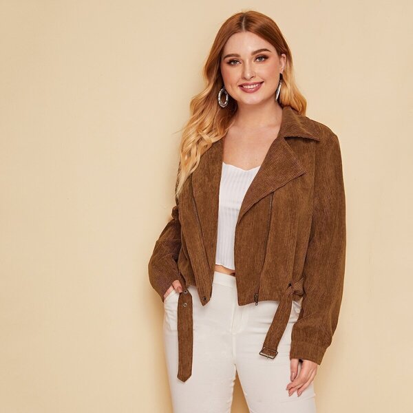 

Plus Zipper Front Notch Collar Belted Corduroy Jacket, Brown