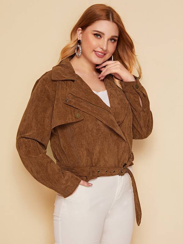 

Plus Zipper Front Notch Collar Belted Corduroy Jacket, Brown, Nora