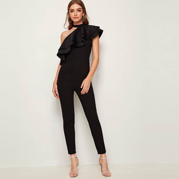 

Choker Neck One Shoulder Layered Ruffle Trim Jumpsuit, Black