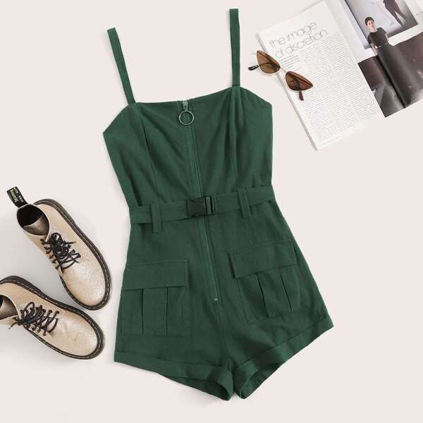 

Solid Zip Front Pocket Patch Belted Romper, Green
