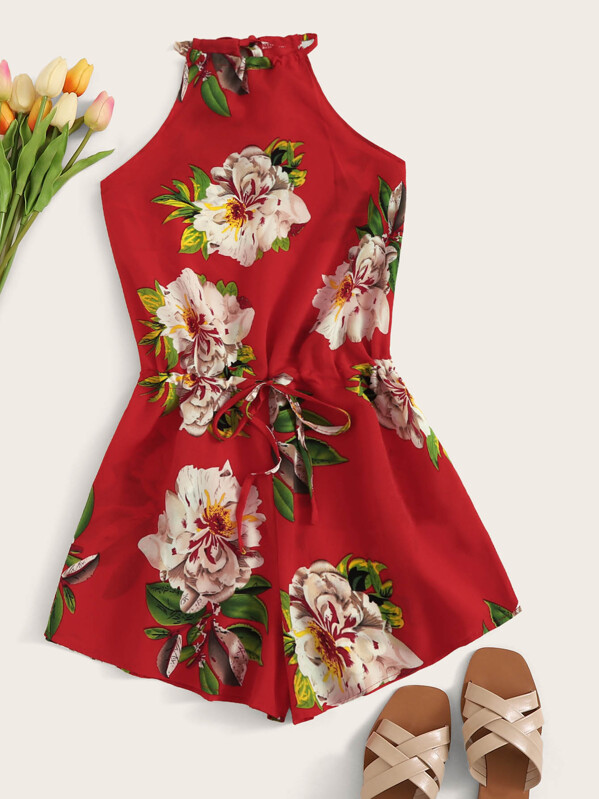 

Drawstring Waist Floral Print Halter Romper, Red