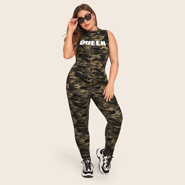 

Plus Letter & Camo Print Tank Jumpsuit