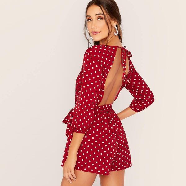 

Tie Open Back Polka Dot Belted Romper
