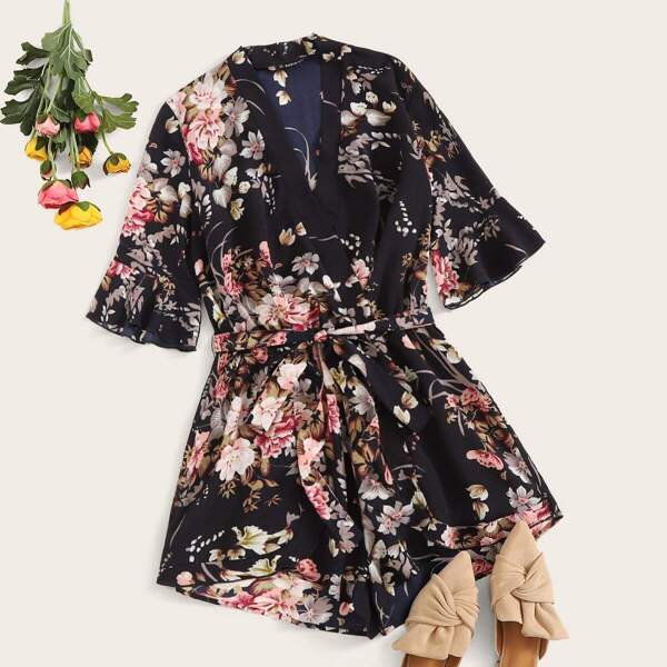 

Ruffle Cuff Botanical Print Belted Romper