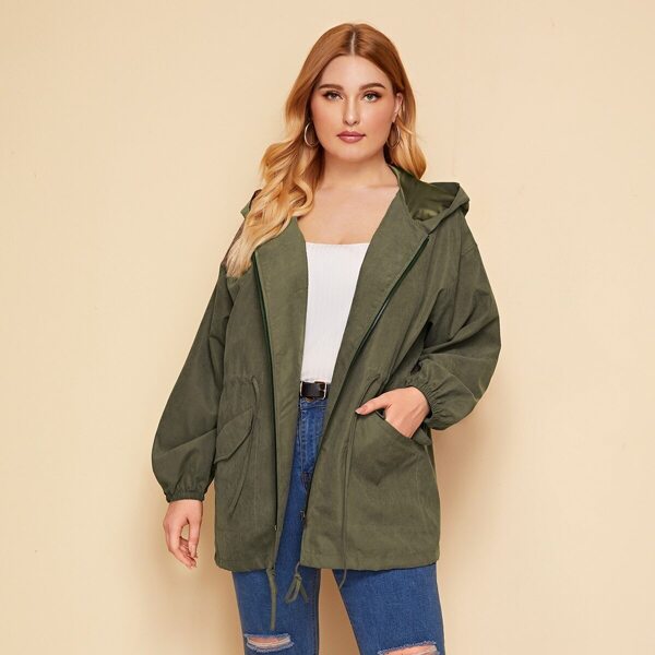 

Plus Drawstring Waist Zipper Up Hoodie Coat, Army green