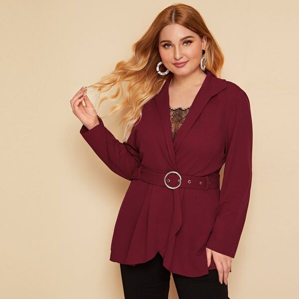 

Plus Shawl Collar Wrap O-ring Belted Coat Without Lace