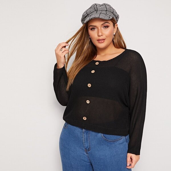 Plus Button Front Sheer Sweater Without Cami, Black