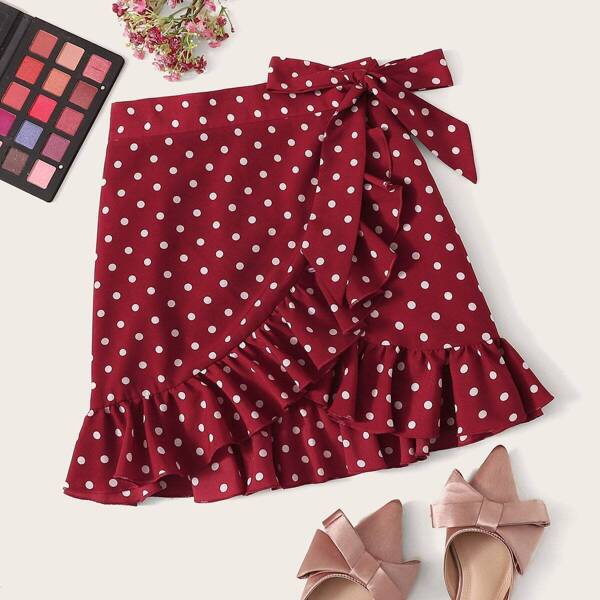 

Plus Ruffle Trim Wrap Knot Dot Print Skirt