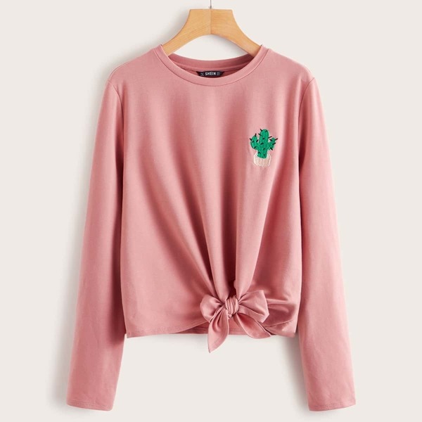 

Embroidered Detail Knotted Hem Pullover, Pink pastel