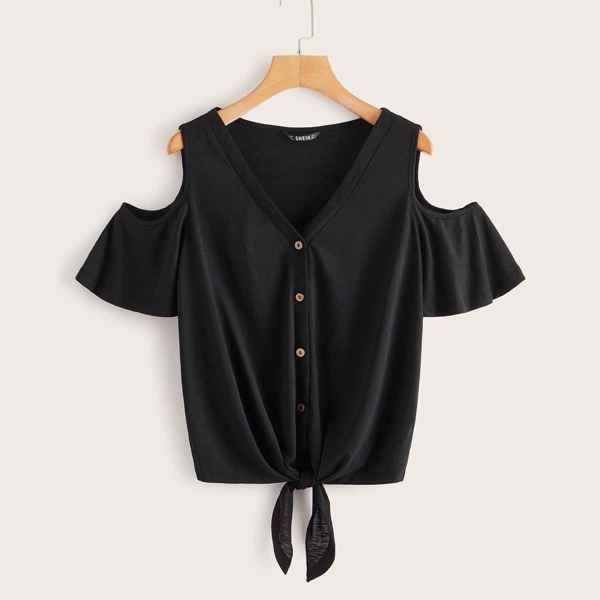 

Cold Shoulder Button Up Tie Hem Tee, Black