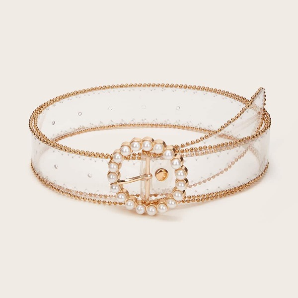 

Faux Pearl Decor Buckle Transparent Belt, Clear