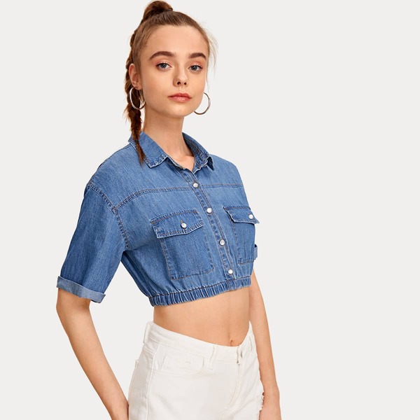 

Button Front Elastic Hem Crop Denim Top, Blue