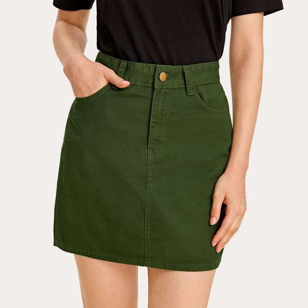

Pocket Side Solid Denim Skirt