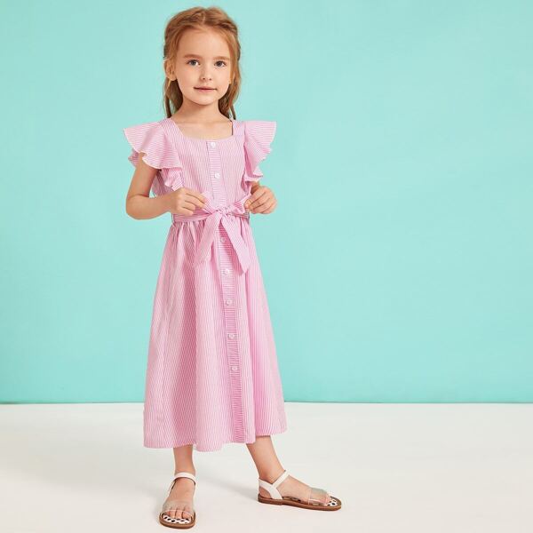 

Toddler Girls Ruffle Sleeve Stripe Belted Dress