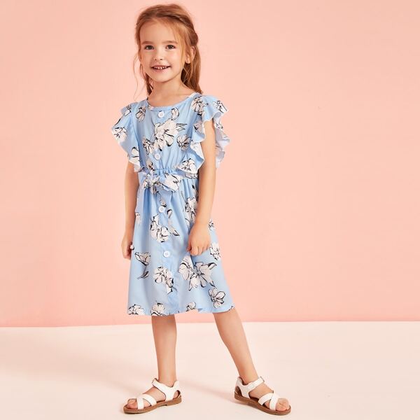 

Toddler Girls Floral Print Ruffle Sleeve Belted Dress