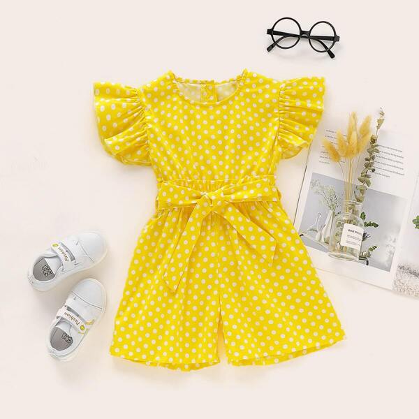 

Toddler Girls Polka Dot Ruffle Sleeve Belted Jumpsuit