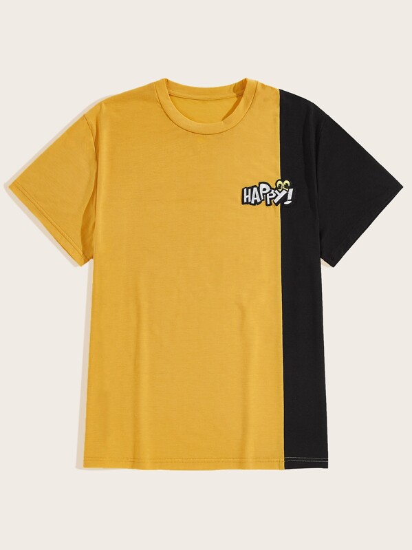 

Men Contrast Panel Letter Patched Tee, Yellow