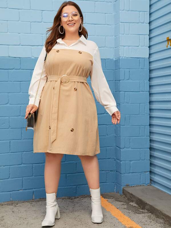 

Plus Contrast Panel Button Front Belted Shirt Dress, Khaki, Ray