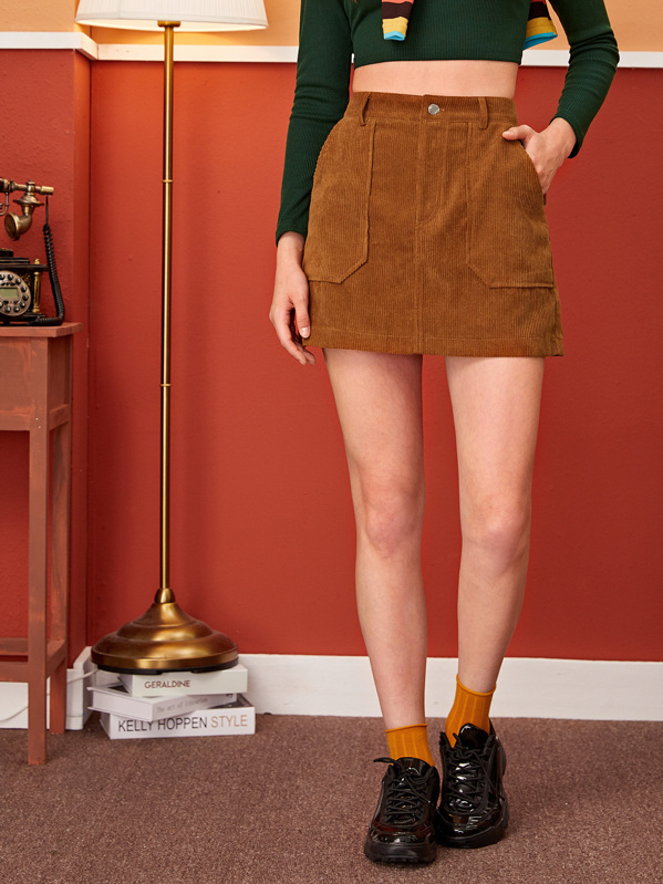 

Pocket Side Solid Corduroy Skirt, Brown, Aleksandra J