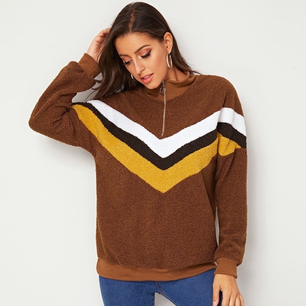 

Quarter Zip Chevron Teddy Sweatshirt, Brown