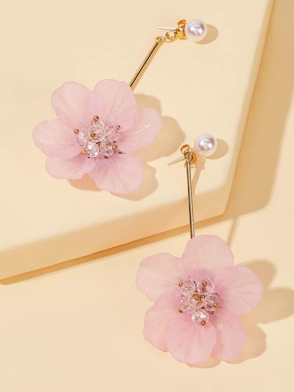 

Faux Pearl Decor Flower Earrings Jackets 1pair, Pink