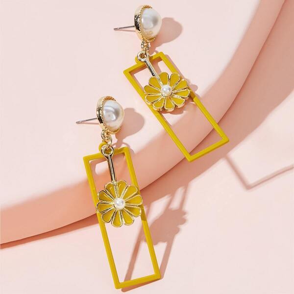 

Flower Decor Open Rectangle Drop Earrings 1pair