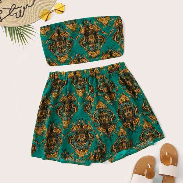 

Plus Paisley Print Tube Top With Shorts, Multicolor