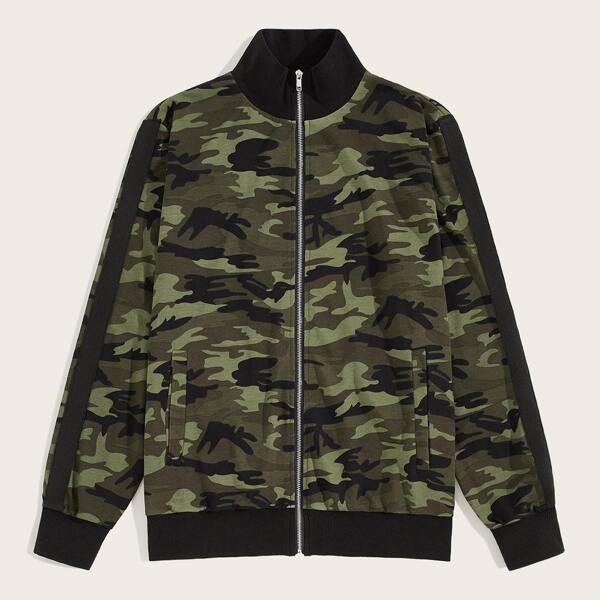 

Men Camo Print Contrast Sideseam Sleeve Bomber Jacket, Multicolor