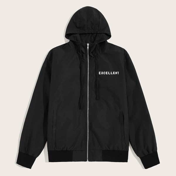 

Men Letter Print Zip Up Hooded Jacket, Black