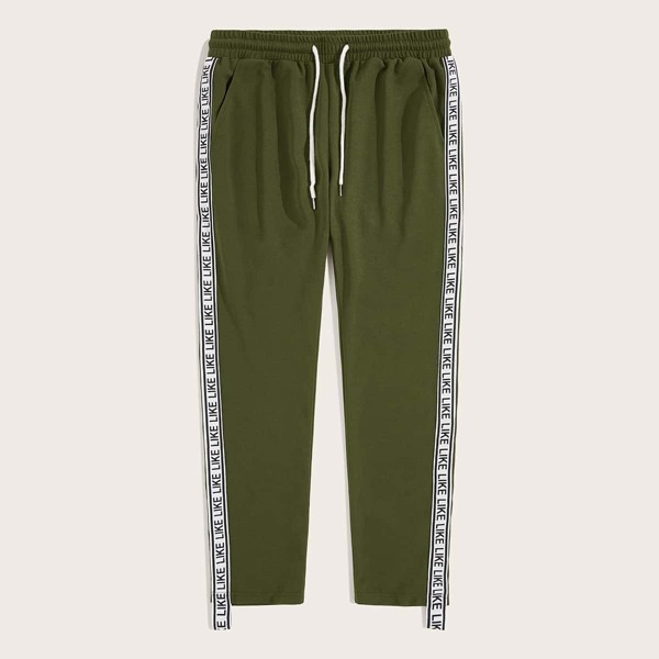 

Men Drawstring Waist Letter Tape Pants, Army green