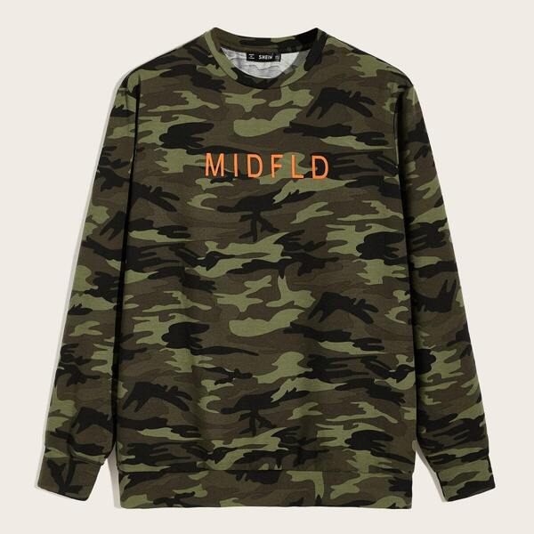 

Men Letter and Camo Print Pullover, Multicolor