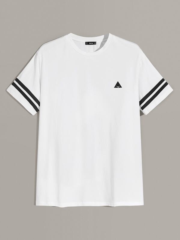Men Geo Print Striped Sleeve Tee, White