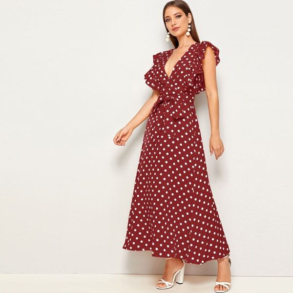 

Surplice Neck Ruffle Armhole Self Belted Dress, Burgundy