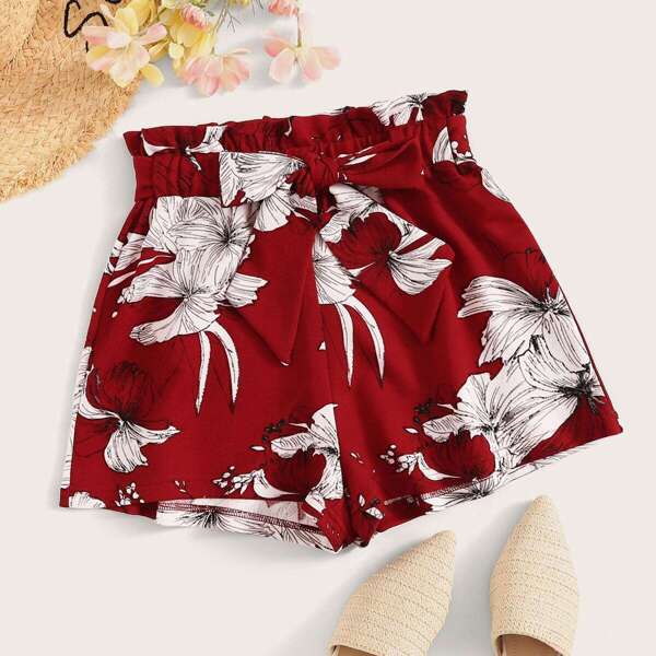 

Botanical Print Paperbag Waist Self Belted Shorts, Burgundy