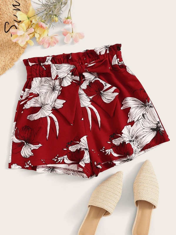 

Botanical Print Paperbag Waist Self Belted Shorts, Burgundy