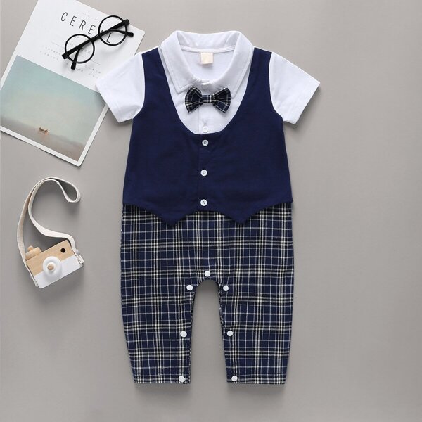 

Baby Boy Bow Neck Button Through Plaid Combo Jumpsuit, Navy