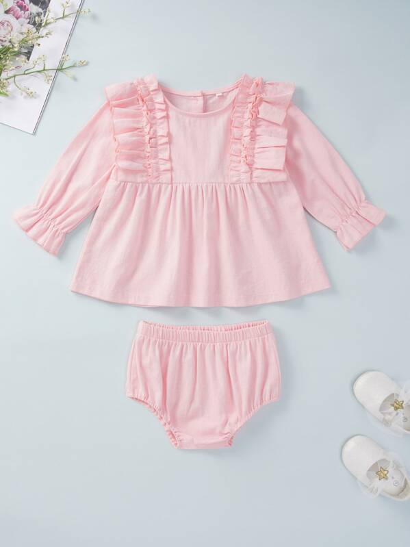 

Baby Girl Ruffle Trim Flared Hem Top With Shorts, Pink