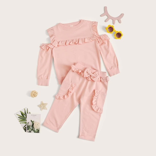 

Toddler Girls Lettuce Frill Cold Shoulder Top & Bow Front Pants