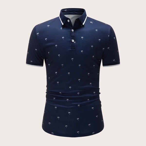 

Men Tropical Print Contrast Trim Polo Shirt, Navy