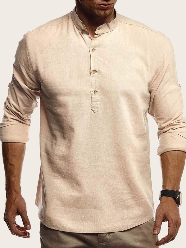

Men Solid Button Front Polo Shirt, Khaki