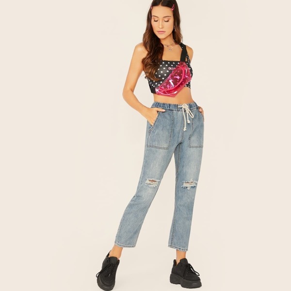 

Drawstring Waist Distressed Denim Jeans, Blue