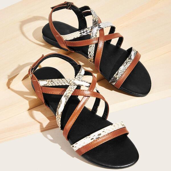 

Snakeskin Cross Strap Flat Sandals
